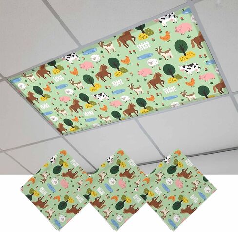 Cartoon Farm Magnetic Fluorescent Light Covers for Ceiling Lights 2x4 Ft,Funny Cow Horse Sheep Pig Chicken Trees Office Classroom Kitchen Drop Ceiling Light Covers Lighting Filters Shade Panel 3 Packs in Kuwait