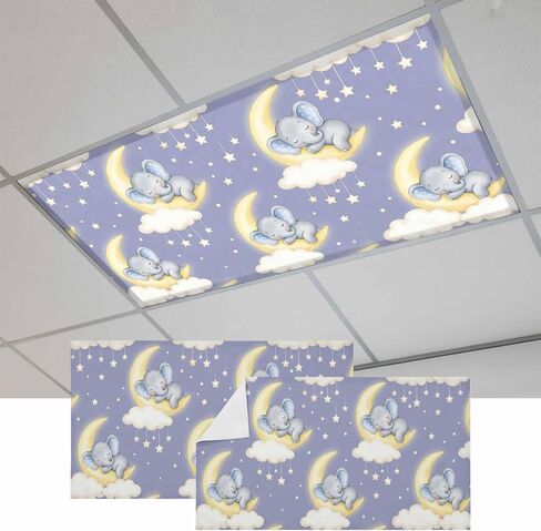 Dreamy Elephants Magnetic Fluorescent Light Covers for Ceiling Lights 2x4 Ft,Purple Cartoon Moon Stars Cute Animals Office Classroom Kitchen Drop Ceiling Light Covers Filters Shade Panel 2Packs in Kuwait