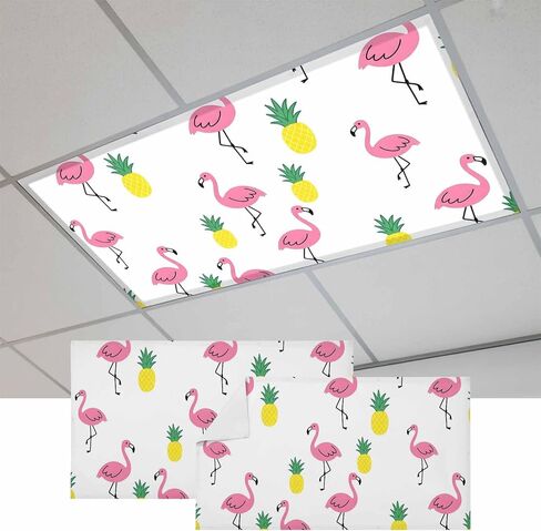 Pink Flamingo Tropical Magnetic Fluorescent Light Covers for Ceiling Lights 2x4 Ft,Summer Pineapple Funny Cartoon Office Classroom Kitchen Drop Ceiling Light Covers Lighting Filters Shade Panel 2Packs in Kuwait
