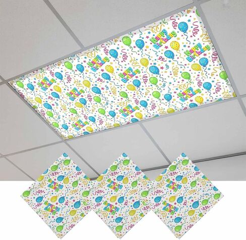 Happy Birthday Magnetic Fluorescent Light Covers for Ceiling Lights 2x4 Ft,Cartoon Funny Coloured Ribbon Balloon Office Classroom Kitchen Drop Ceiling Light Covers Lighting Filters Shade Panel 3 Packs in Kuwait