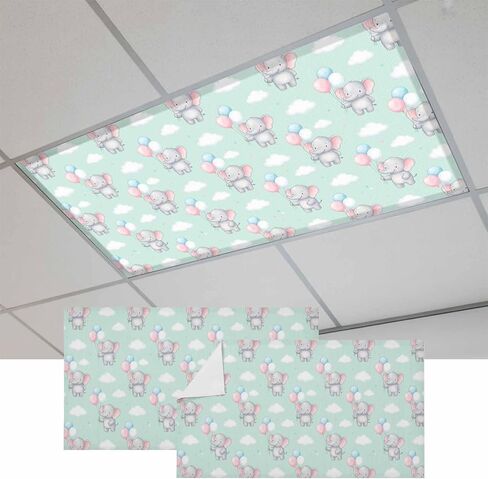 Green Lovely Elephant Magnetic Fluorescent Light Covers for Ceiling Lights 2x4 Ft, Cartoon Animals Cloud Stars Office Classroom Kitchen Drop Ceiling Light Covers Lighting Filters Shade Panel 2 Packs in Kuwait