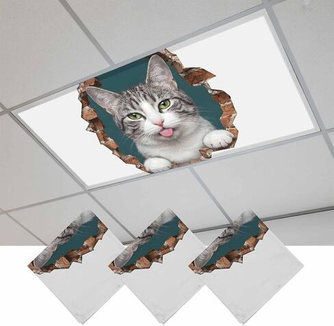 Cute Cat Broken Wall Magnetic Fluorescent Light Covers for Ceiling Lights 2x4 Ft, Vintage Funny Animal Grey Office Classroom Kitchen Drop Ceiling Light Covers Lighting Filters Shade Panel 3 Packs in Kuwait