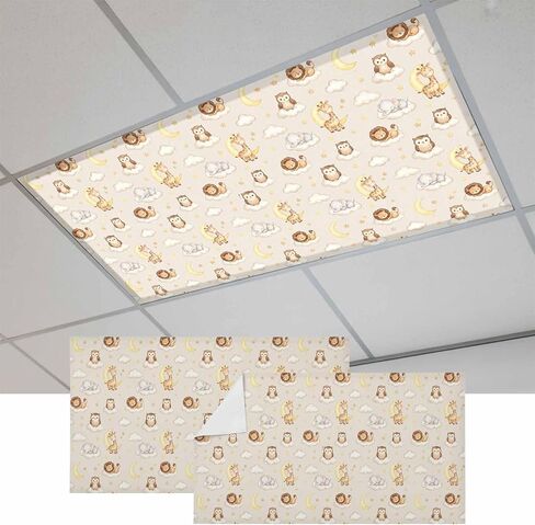Cartoon Animals Magnetic Fluorescent Light Covers for Ceiling Lights 2x4 Ft,Cute Giraffe Elephant Lions Owl Moon Office Classroom Kitchen Drop Ceiling Light Covers Lighting Filters Shade Panel 2 Packs in Kuwait