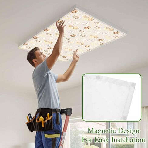Cartoon Animals Magnetic Fluorescent Light Covers for Ceiling Lights 2x4 Ft,Cute Giraffe Elephant Lions Owl Moon Office Classroom Kitchen Drop Ceiling Light Covers Lighting Filters Shade Panel 2 Packs in Kuwait