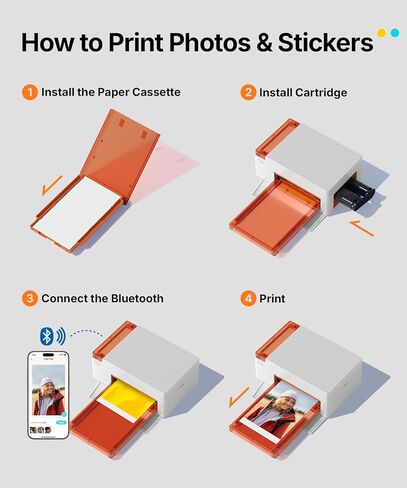 Liene M110 4x6'' & 3x3 Photo Sticker Printer Bundle (60 pcs Photo+60 pcs Sticker+3 Ink Cartridges), Bluetooth Portable Picture Printer for iPhone, Android, Smartphone, Computer, Dye-Sublimation in Kuwait