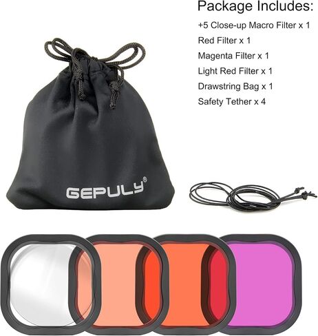 GEPULY Underwater Filter for GoPro Hero 13 12 11 10 9 8 Official Housing | 5X Close-Up Diving Filter 12-85FT Red Light Red Magenta Filter For Scuba Snorkel Freshwater Lake Acrylic Tether Prevents Loss in Saudi Arabia