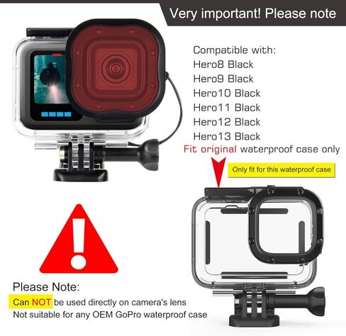GEPULY Underwater Filter for GoPro Hero 13 12 11 10 9 8 Official Housing | 5X Close-Up Diving Filter 12-85FT Red Light Red Magenta Filter For Scuba Snorkel Freshwater Lake Acrylic Tether Prevents Loss in Saudi Arabia
