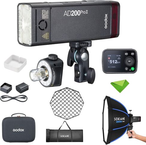 GODOX AD200 Pro II AD200ProII + 23.6"/60cm Softbox, 200Ws 2.4G TTL Flash Strobe, 500 Full Power Flashes, Recycle Time Approx.0.01~1.8s Pocket Flash for Canon, Sony, Nikon, Fuji, Olympus, Panasonic in Kuwait