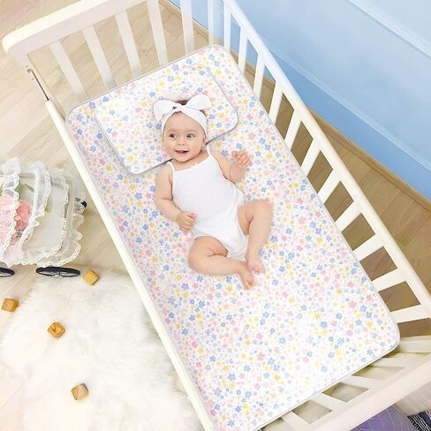 Pastel Pink Blue Flowers Cooling Baby Bed Mattress Cover 28" x 52" Reusable Pads Washable for Kids, Adult in Kuwait