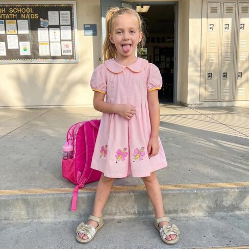 Toddler Girl Back to School Outfit Puff Sleeve Smocked Dress Summer Clothes | Little Girl Pre Kindergarten Dress Apple Embroidery Short Sleeve A-line Gingham Dresses Girls First Day of School Outfit in Kuwait