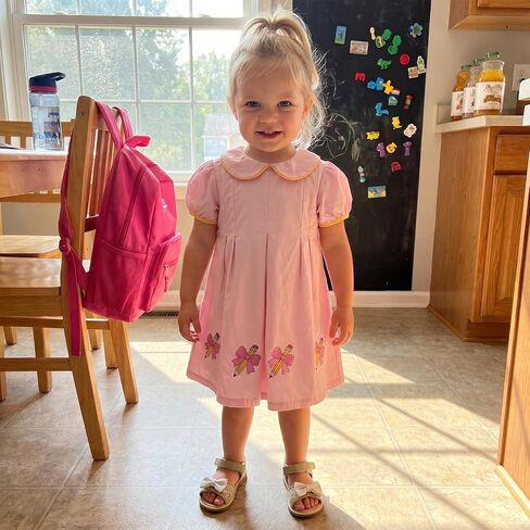 Toddler Girl Back to School Outfit Puff Sleeve Smocked Dress Summer Clothes | Little Girl Pre Kindergarten Dress Apple Embroidery Short Sleeve A-line Gingham Dresses Girls First Day of School Outfit in Kuwait