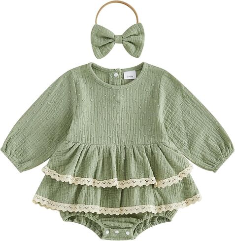 Newborn Baby Girl Romper Dress Bow Stripes Fall Winter Clothes Infant Dress in Kuwait