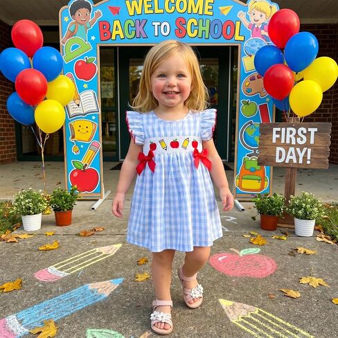 Back to School Outfit Toddler Girl Flutter Sleeve Smocked Princess Dresses Pre K Kindergarten 1st Day of School Photo in Kuwait
