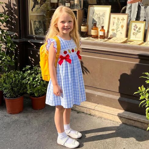 Back to School Outfit Toddler Girl Flutter Sleeve Smocked Princess Dresses Pre K Kindergarten 1st Day of School Photo in Kuwait