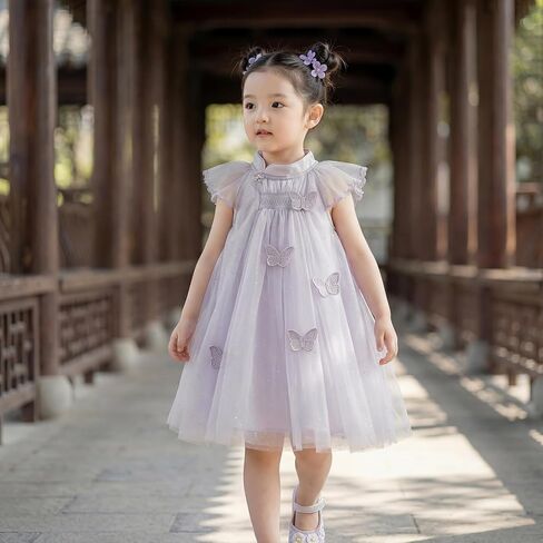 DAVE&BELLA Toddler Girl Tulle Tutu Dress Sleeveless Floral Princess Dress | Little Girls Butterfly Flutter Sleeve Layered Tulle Dress, A-Line Tiered Twirly Tutu Sundress for Birthday Party Photo Shoot in Kuwait