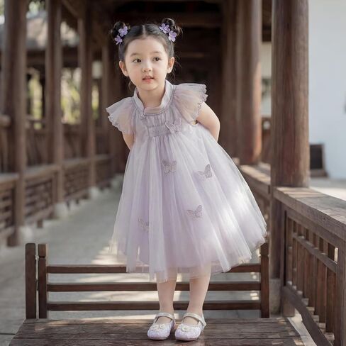 DAVE&BELLA Toddler Girl Tulle Tutu Dress Sleeveless Floral Princess Dress | Little Girls Butterfly Flutter Sleeve Layered Tulle Dress, A-Line Tiered Twirly Tutu Sundress for Birthday Party Photo Shoot in Kuwait