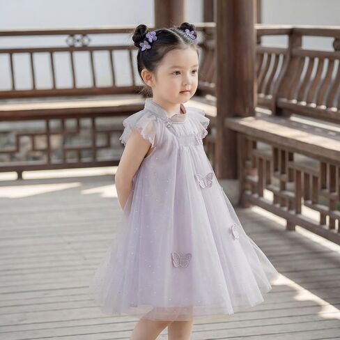 DAVE&BELLA Toddler Girl Tulle Tutu Dress Sleeveless Floral Princess Dress | Little Girls Butterfly Flutter Sleeve Layered Tulle Dress, A-Line Tiered Twirly Tutu Sundress for Birthday Party Photo Shoot in Kuwait