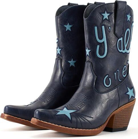 Lante Cowboy Ankle Boots for Women with Embroidery | Snip Toe Low Chunky Heel Classic Western Style Pull-On Tabs in Kuwait