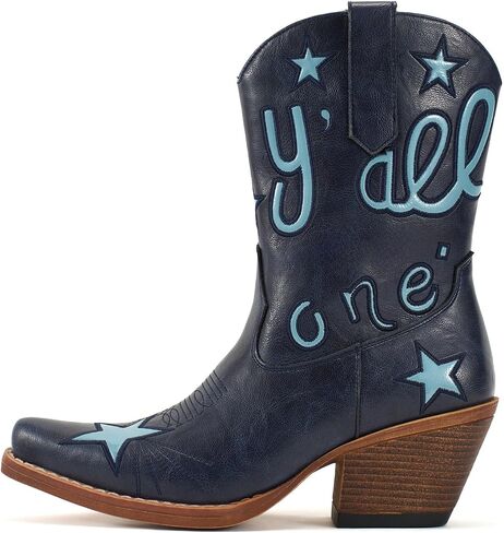 Lante Cowboy Ankle Boots for Women with Embroidery | Snip Toe Low Chunky Heel Classic Western Style Pull-On Tabs in Kuwait