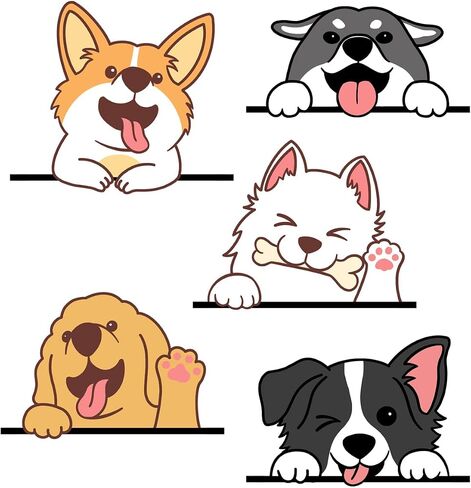 5 Multicolor Cartoon Smiling Puppies Dog Wall Stickers, Reusable PVC Decals for Walls, Tables, Glass in Kuwait