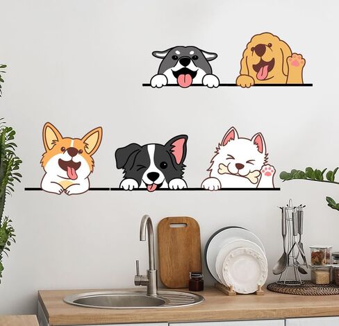5 Multicolor Cartoon Smiling Puppies Dog Wall Stickers, Reusable PVC Decals for Walls, Tables, Glass in Kuwait