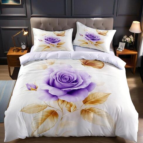 Purple Rose Toddler Bedding Set, Leaf Toddler Duvet Cover, Purple Rose Comforter Cover & 1 Pillow Sham, Super Soft Microfiber with Zipper & Ties, All Season B442 in Kuwait