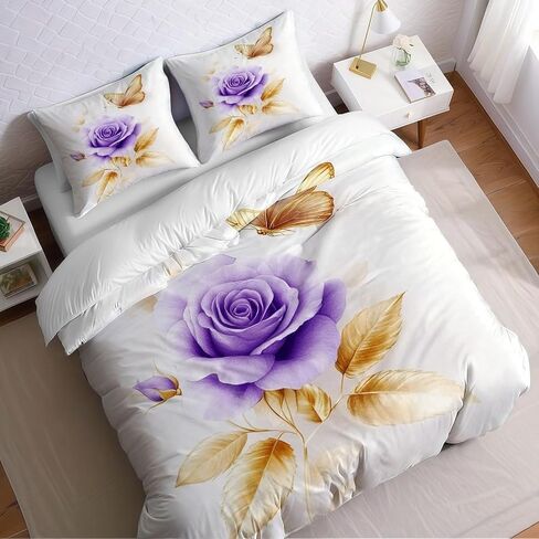 Purple Rose Toddler Bedding Set, Leaf Toddler Duvet Cover, Purple Rose Comforter Cover & 1 Pillow Sham, Super Soft Microfiber with Zipper & Ties, All Season B442 in Kuwait