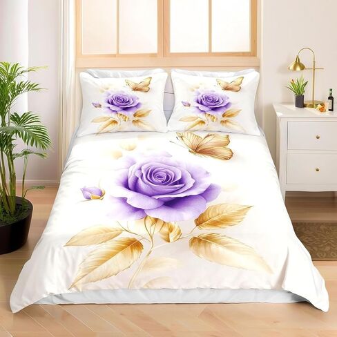 Purple Rose Toddler Bedding Set, Leaf Toddler Duvet Cover, Purple Rose Comforter Cover & 1 Pillow Sham, Super Soft Microfiber with Zipper & Ties, All Season B442 in Kuwait