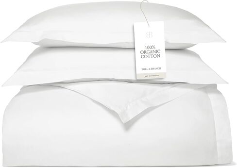 BOLL & BRANCH Percale Hemmed Duvet Set, Full/Queen, White | Luxury 100% Organic Cotton - 1 Duvet Cover, 2 Shams - Crisp, Naturally Cooling Weave in Kuwait