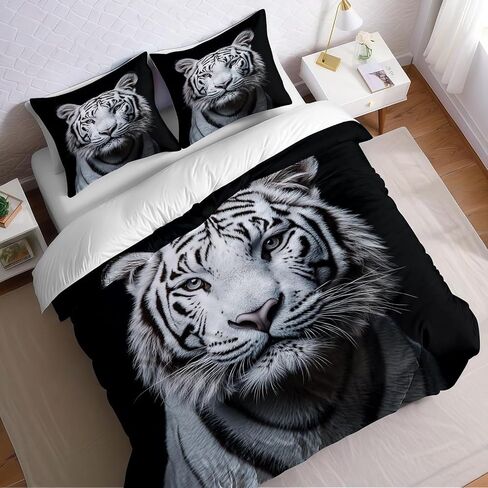3D Tiger Duvet Cover Toddler, Animal Bedding Set 2 Piece, 3D Tiger Bedroom Decor & Gift, Soft Microfiber Toddler Comforter Cover and 1 Pillow Sham, with Zipper Closure & Ties B386 in Kuwait