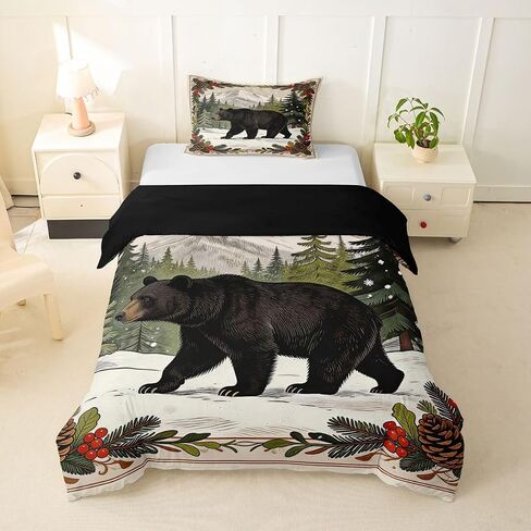 Feelyou Bear and Pinecone Duvet Cover Toddler Size Rustic Cabin Lodge Bedding Set Breathable Soft Wildlife and Nature Comforter Cover 2Pcs Bedroom Decor in Kuwait