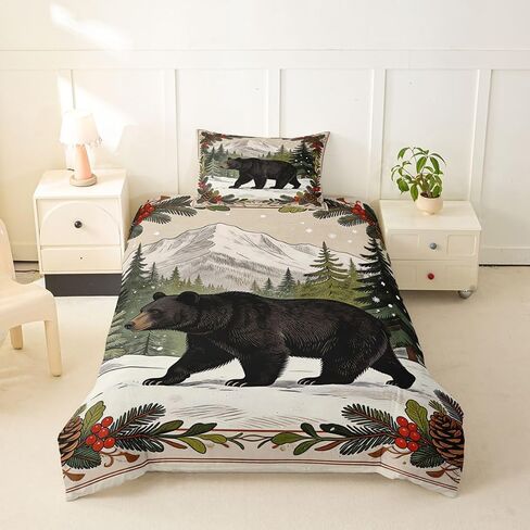Feelyou Bear and Pinecone Duvet Cover Toddler Size Rustic Cabin Lodge Bedding Set Breathable Soft Wildlife and Nature Comforter Cover 2Pcs Bedroom Decor in Kuwait