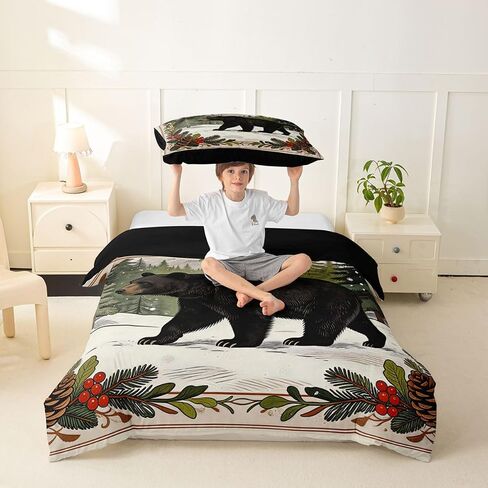 Feelyou Bear and Pinecone Duvet Cover Toddler Size Rustic Cabin Lodge Bedding Set Breathable Soft Wildlife and Nature Comforter Cover 2Pcs Bedroom Decor in Kuwait