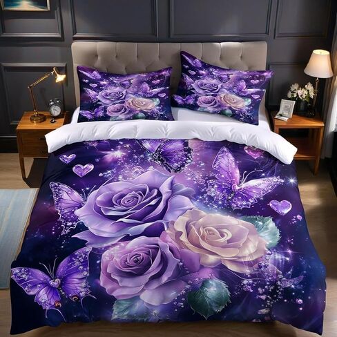 Purple Rose Toddler Bedding Set, Butterfly Toddler Duvet Cover, Purple Rose Comforter Cover & 1 Pillow Sham, Super Soft Microfiber with Zipper & Ties, All Season B426 in Kuwait