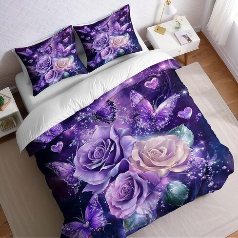 Purple Rose Toddler Bedding Set, Butterfly Toddler Duvet Cover, Purple Rose Comforter Cover & 1 Pillow Sham, Super Soft Microfiber with Zipper & Ties, All Season B426 in Kuwait