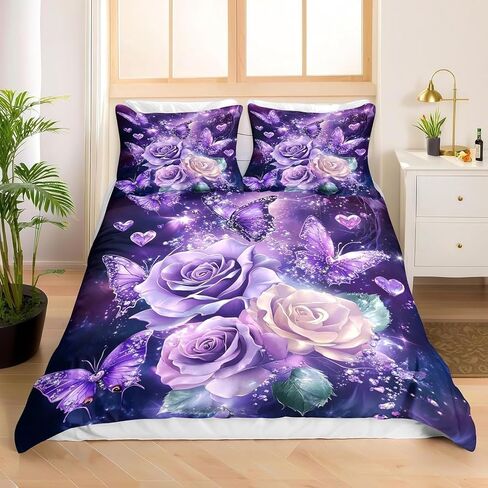 Purple Rose Toddler Bedding Set, Butterfly Toddler Duvet Cover, Purple Rose Comforter Cover & 1 Pillow Sham, Super Soft Microfiber with Zipper & Ties, All Season B426 in Kuwait