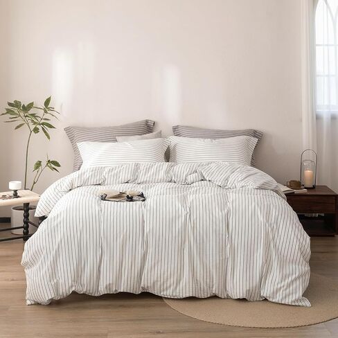 3Pcs Reversible Navy Blue White Striped King Duvet Cover Set | Solid Navy Blue Reverse,Linen Feel,Washed Cotton,1 Duvet Cover & 2 Pillow Shams,Hidden Zipper,Soft Breathable,8 Corner Ties in Saudi Arabia