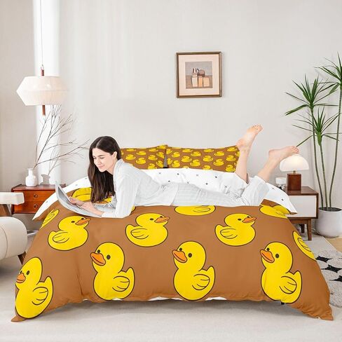 Funny Duck Duvet Cover Set,Lovely Animal Comforter Cover Toddler Size Farmhouse Livestock Animal 2 Pcs Bedding Set with Zipper Ties for Kids Boys Girls Bedroom Decor(No Comforter),Orange Brown in Kuwait