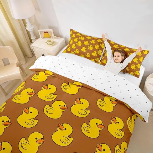 Funny Duck Duvet Cover Set,Lovely Animal Comforter Cover Toddler Size Farmhouse Livestock Animal 2 Pcs Bedding Set with Zipper Ties for Kids Boys Girls Bedroom Decor(No Comforter),Orange Brown in Kuwait