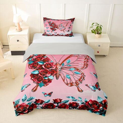 Feelyou Butterfly Duvet Cover Toddler Size Red Rose Bedding Set Breathable Soft Romantic Comforter Cover 2Pcs Bedroom Decor in Kuwait