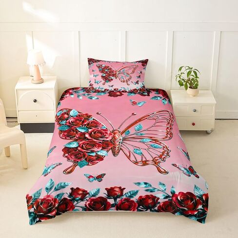 Feelyou Butterfly Duvet Cover Toddler Size Red Rose Bedding Set Breathable Soft Romantic Comforter Cover 2Pcs Bedroom Decor in Kuwait
