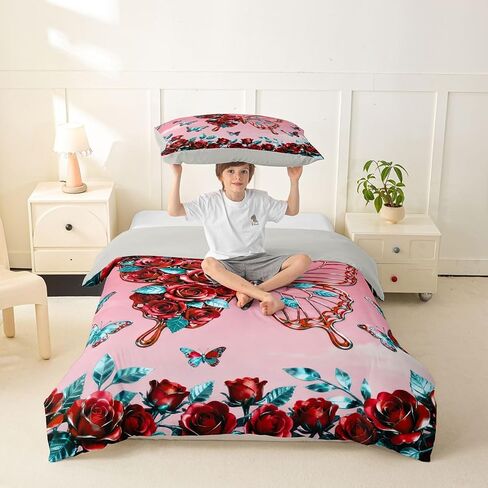 Feelyou Butterfly Duvet Cover Toddler Size Red Rose Bedding Set Breathable Soft Romantic Comforter Cover 2Pcs Bedroom Decor in Kuwait