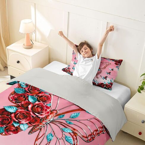 Feelyou Butterfly Duvet Cover Toddler Size Red Rose Bedding Set Breathable Soft Romantic Comforter Cover 2Pcs Bedroom Decor in Kuwait