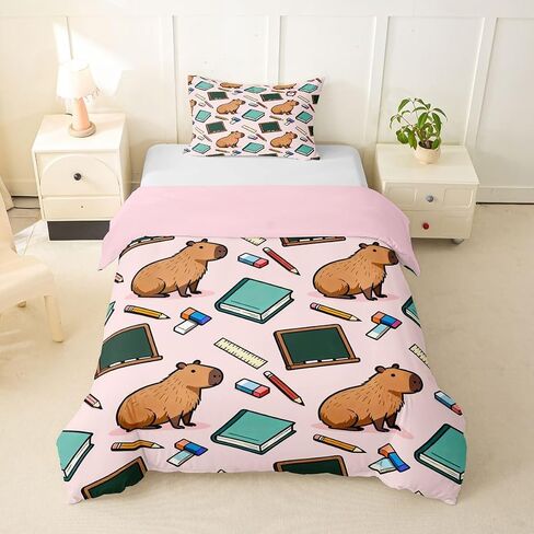 Feelyou Capybara Student Duvet Cover Toddler Size Cute Pink Animal Print Bedding Set Breathable Soft Kawaii Comforter Cover 2Pcs Bedroom Decor in Kuwait