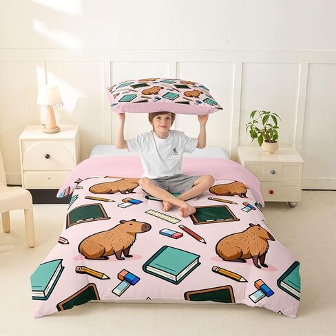 Feelyou Capybara Student Duvet Cover Toddler Size Cute Pink Animal Print Bedding Set Breathable Soft Kawaii Comforter Cover 2Pcs Bedroom Decor in Kuwait
