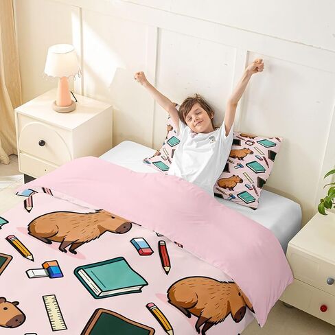 Feelyou Capybara Student Duvet Cover Toddler Size Cute Pink Animal Print Bedding Set Breathable Soft Kawaii Comforter Cover 2Pcs Bedroom Decor in Kuwait