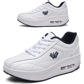 RUIDENG Walking Sneakers for Women Comfy | Womens Tennis Shoes Work Long Hours | Waterproof Leather Thick Rocker Bottom White Blue Size 7 in Kuwait