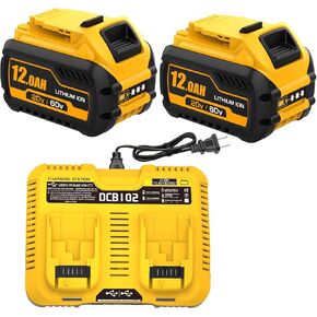 2 Packs 12Ah Replacement for Dewalt 20V/60V Battery and DCB102 Charger | Compatible with Dewalt 60 Volt Max Batteries DCB612 DCB609 DCB606 DCB208 DCB207 DCB206 DCB204 DCB203 DCB201 in Kuwait