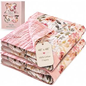 Muslin Baby Blanket 48x48-100% Cotton Reversible 7-Layer Baby Girl Blanket - Large Soft Cotton Blanket for Newborns, Infants & Toddlers, Lightweight Quilt-Style, Machine Washable, Pink in Kuwait