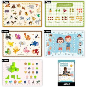 45 Pack Sticky Disposable Placemats for Baby & Toddlers,Toddler Placemat 12"x18" Kids Table Mat for Party, Picnic Table, Restaurants Dining Table Travel Essentials for Toddlers with 5 Designs in Kuwait